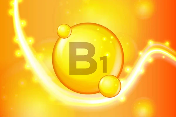 B1 vitamini hap kapsül simgesi parlayan altın. Vitamini ile kimyasal formülü karmaşık. Parlatıcı altın parıldıyor. Tıp ve ilaç reklamları. Vektör çizim