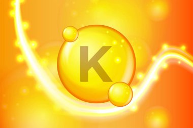 K vitamini hap kapsül simgesi parlayan altın. Vitamini ile kimyasal formülü karmaşık. Parlatıcı altın parıldıyor. Tıp ve ilaç reklamları. Vektör çizim