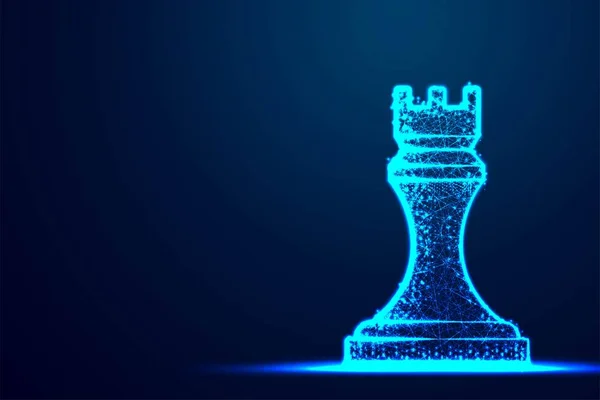 Satranç Kalesi tel kafes Çokgen mavi çerçeve yapısı, iş stratejisi konsept tasarımı. Soyut düşük Poli, üçgen, nokta, çizgi, Çokgen. Mavi arka plan, vektör çizim Parlatıcı