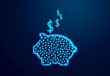 iş, finans, yatırım, tasarruf ve yolsuzluk kavramı - dolar nakit para ve kumbara yakın. Soyut düşük poli, Üçgen, nokta, çizgi, çokgen. Mavi arka planı parlat, Vektör çizimi