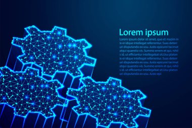 Dişli Biyometrik, Soyut düşük poli, Üçgen, nokta, çizgi, çokgen. Mavi arka planı parlat, Vektör çizimi