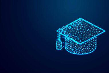 Mezuniyet şapkası. Soyut düşük poli tel kafes tasarımları. Nokta ve çizgiyi bağlamaktan. Vektör İllüstrasyonu