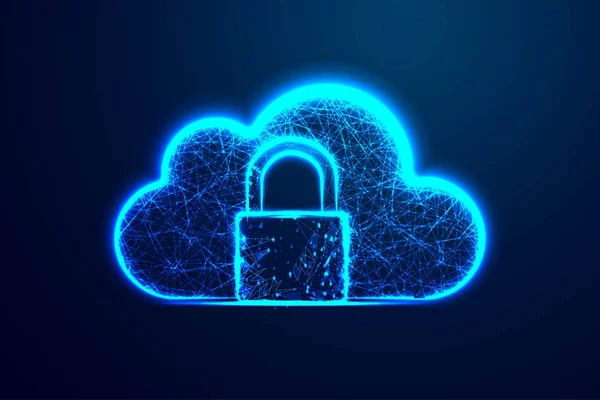 Cloud Security icoon, upload en download bescherming. Abstracte draad laag poly, veelhoekige draadframe mesh. Achtergrond illustratie — Stockvector