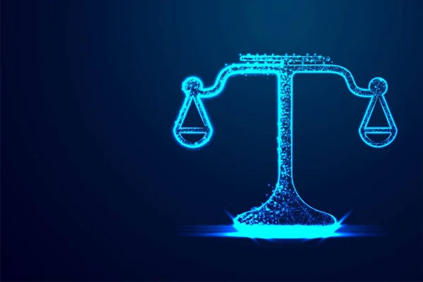 Balanças, Juiz, Escalas de justiça. Abstrato baixo poli, triângulo, ponto, linha, polígono. Fundo azul brilhante, ilustração vetorial —  Vetores de Stock