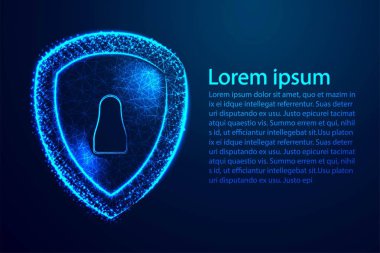 Siber güvenlik konsepti, Anahtar Deliği simgesi ile Shield. Soyut tel düşük poli, Poligonal tel çerçeve örgü. Arka Plan İllüstrasyonu