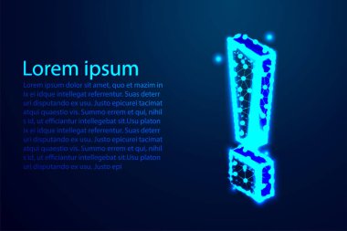 Ünlem işareti, Soyut düşük poli, Üçgen, nokta, çizgi, çokgen. Mavi arka planı parlat, Vektör çizimi