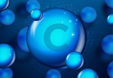 Vitamin C Mavi parlayan hap kapsül simgesi . Kimyasal formülü ile vitamin kompleksi. tıbbi ve farmasötik reklamlar. Vektör çizimi