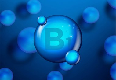 Vitamin B1 Mavi parlayan hap kapsül simgesi . Kimyasal formülü ile vitamin kompleksi. tıbbi ve farmasötik reklamlar. Vektör çizimi