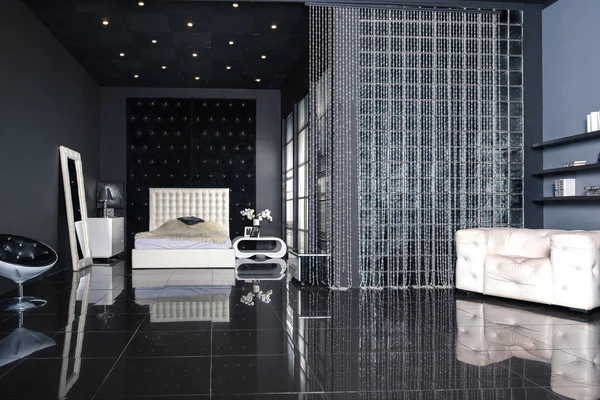 Stylish luxury bedroom interior design with dark walls and modern light furniture