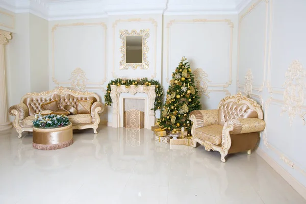 stylish vintage interior with decorated elegant Christmas tree