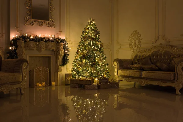 stylish vintage interior with decorated elegant Christmas tree lighting