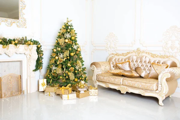 stylish vintage interior with decorated elegant Christmas tree