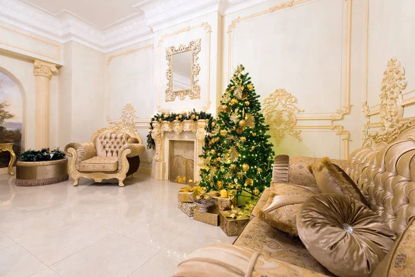 stylish vintage interior with decorated elegant Christmas tree