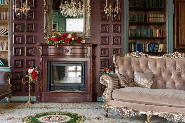 old fashioned library interior with vintage furniture