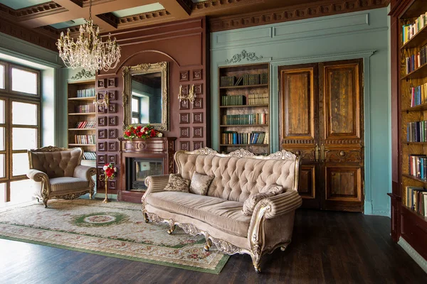 old fashioned library interior with vintage furniture