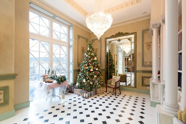 stylish vintage hall interior with decorated elegant Christmas tree