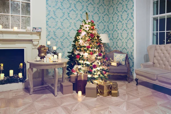 stylish vintage interior with decorated elegant Christmas tree lighting