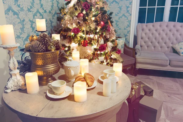 stylish vintage interior with decorated elegant Christmas tree lighting