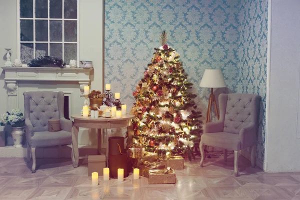 stylish vintage interior with decorated elegant Christmas tree lighting