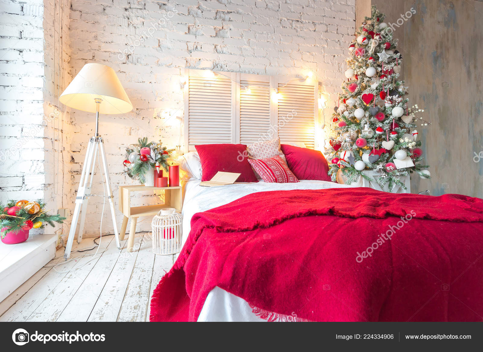 Stylish Bedroom Interior Elegant Decorated Christmas Tree