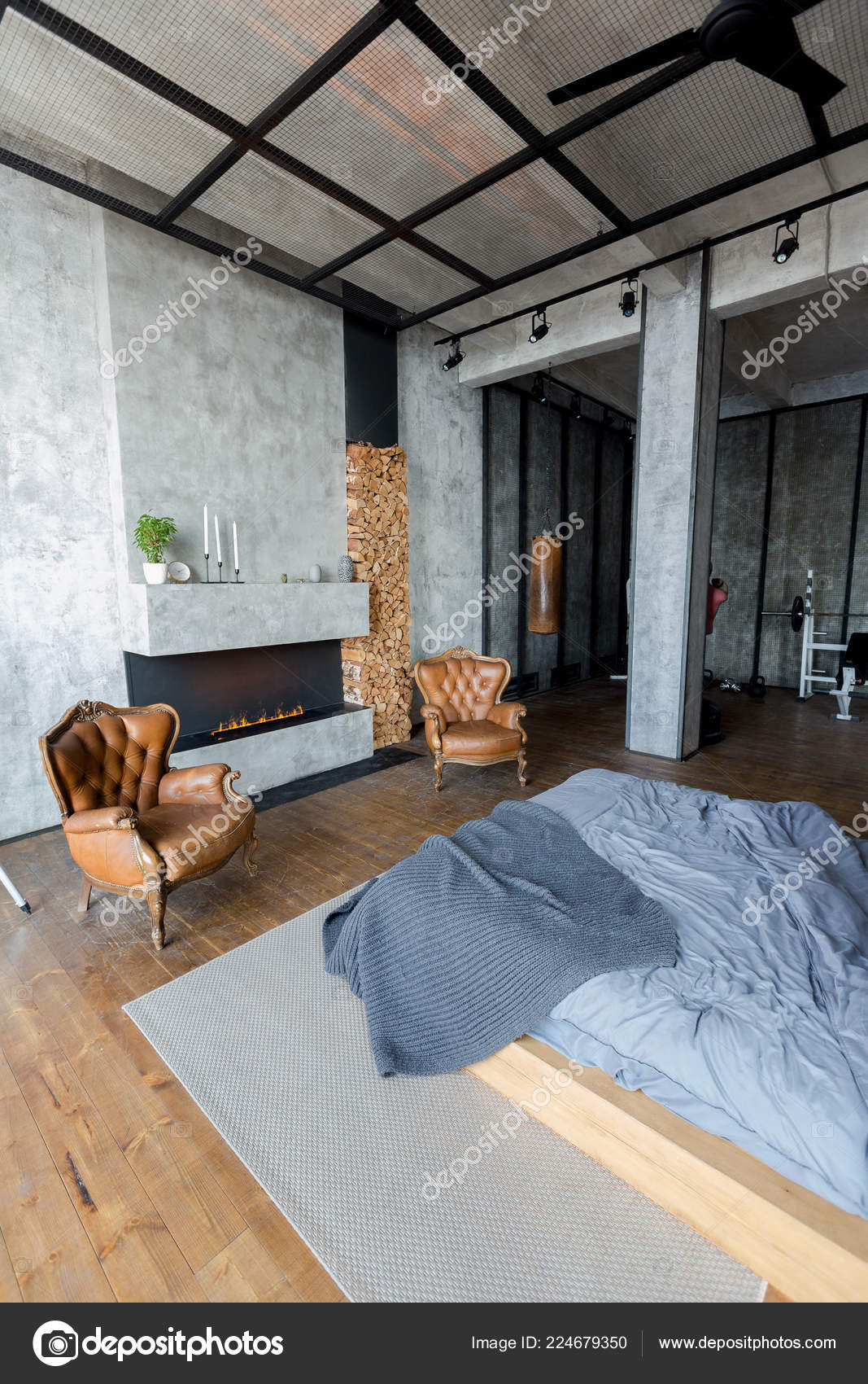 Stylish Interior Studio Apartment Design Loft Style Stock