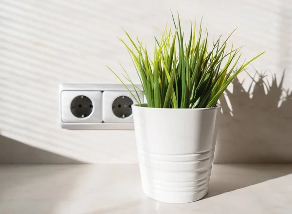 Minimalist composition of artificial grass in sunlight and european electric socket on white background, green solar energy concept — Stock Image Minimalist Composition Artificial Grass Sunlight European Electric Socket White Background Royalty Free Stock Photos