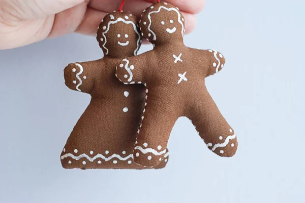 Hand Hold Gingerbread Couple Decoative Cookies Christmas Tree Soft Handmade — Stock Photo, Image