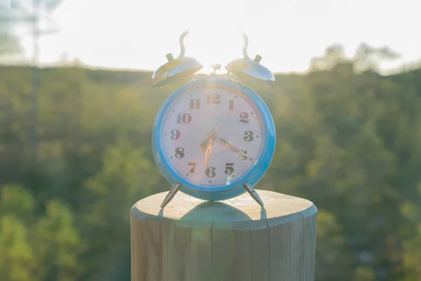 夏の森の背景にビンテージ ブルーの目覚まし時計 コンセプト夏時間冬時間 — ストック写真