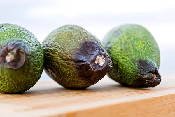 Primo piano di avocado marcio viziato su sfondo rustico — Foto Stock