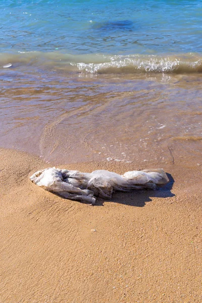 Weggeworfene Plastiktüte auf Welle am Sandstrand — Stockfoto