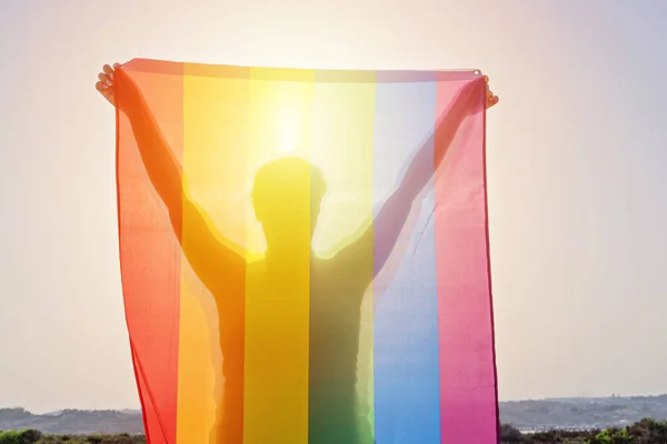 Mujer joven sosteniendo las manos levantadas ondeando la bandera del arco iris LGBT —  Fotos de Stock