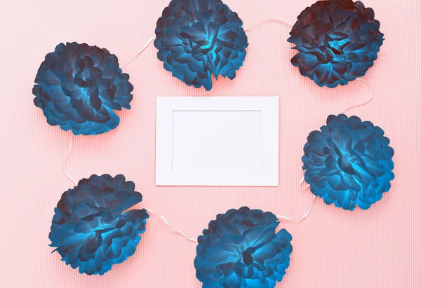 Composition with paper cuted flowers and white frame with blank for text — Stock Photo, Image
