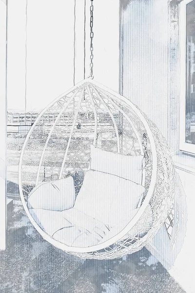El çizimi, yastıklı, modern, rahat, asılı sandalye. — Stok fotoğraf