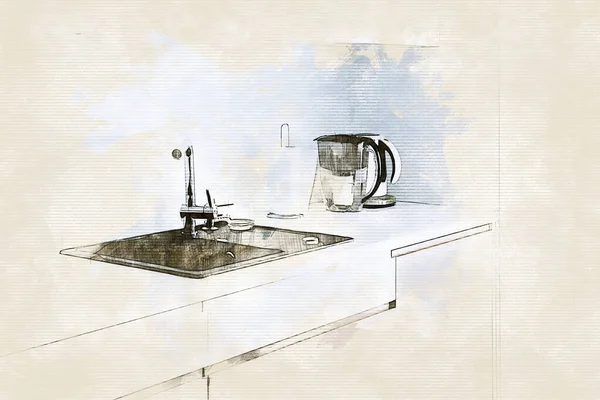 Sketch of modern light kitchen with dark sink in beige colors — Stock Photo, Image