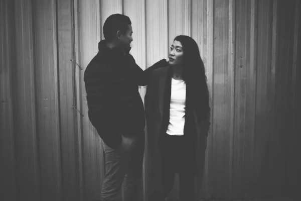 Asian Chinese Couple Posing Grey Wall Monochrome — Stock Photo, Image