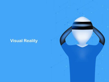 Kulaklık..... .adam sanal gerçeklik teknolojisi kullanıyor. Kopya alanı ile mavi arka plan üzerinde izole vektör tasarımı.