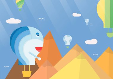 Balon Festivali için sahne arka plan. Güneş ışığı ile düz stil vektör çizim.