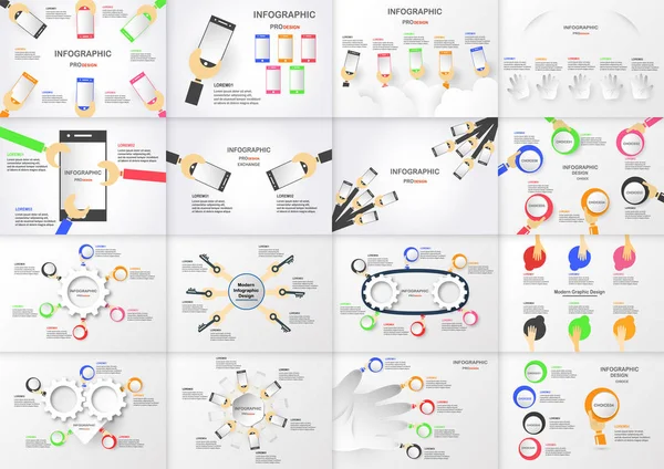 Conjunto Elementos Infografías Con Mano Sosteniendo Caja Círculo Colorido Teléfono — Vector de stock