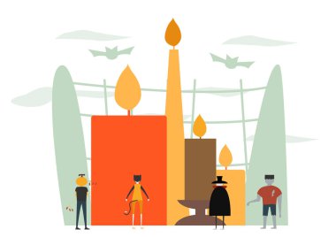 Cadılar Bayramı günü, dracula, kabak adam, frankenstein, kedi dahil canavarlar ile 31 Ekim için en az sahne. Beyaz arka plan üzerinde izole vektör çizim.