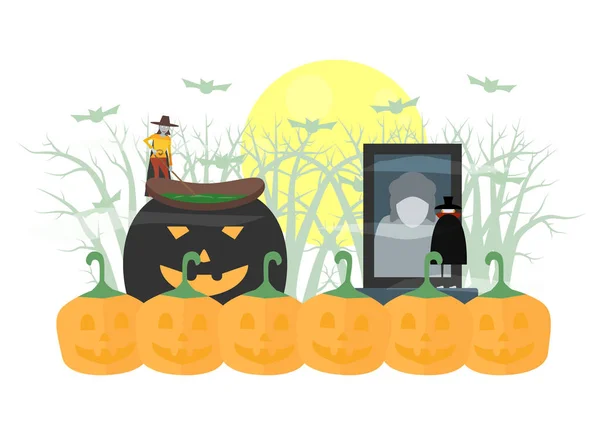 Minimal scary scene for halloween day, 31 October, with monsters that include dracula, witch woman. Vector illustration isolated on white background.
