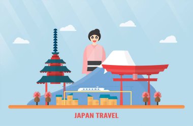 Tayland, Udonthani - 07 Ağustos 2018: Japonya yerlerinden Fuji Dağı, Itsukuşima Tapınak, elektrikli tren, Sakura çiçek, pagoda ve Japon kız. Vektör çizim mavi gökyüzü ve bulut.