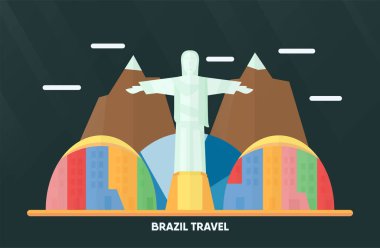 Tayland, Udonthani - 07 Ağustos 2018: Rio de Janeiro anıt, renkli şehir, gökyüzü, bulut ve dağ ile Brezilya dönüm noktası. Seyahat için vektör çizim.