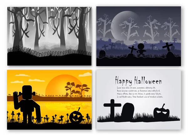 Scene set of Halloween day in october. Vector illustration in silhouette style with forest, pumpkin, frankenstein and bone.