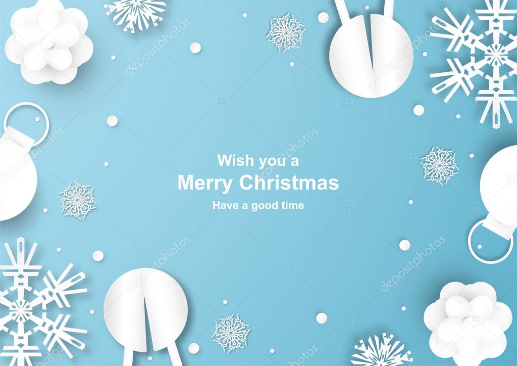 Christmas decoration on blue background in paper cut and craft with snow flake.