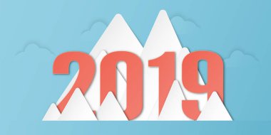 Mutlu yeni yıl 2019 dekorasyon mavi zemin üzerine. Vektör çizim kağıt kesiği ve dijital el sanatları sayısında hat tasarımı ile. En az stili.