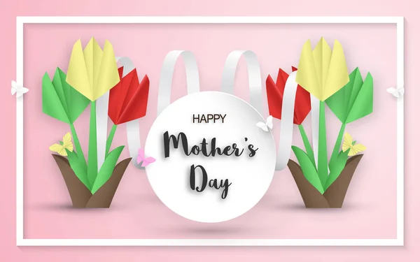 Template design for happy mother's day. Vector illustration in paper cut and craft style. Decoration background with flowers for invitation, cover, banner, advertisement.