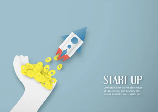 Illustrazione vettoriale con concetto di start up in taglio carta, artigianato e — Vettoriale Stock