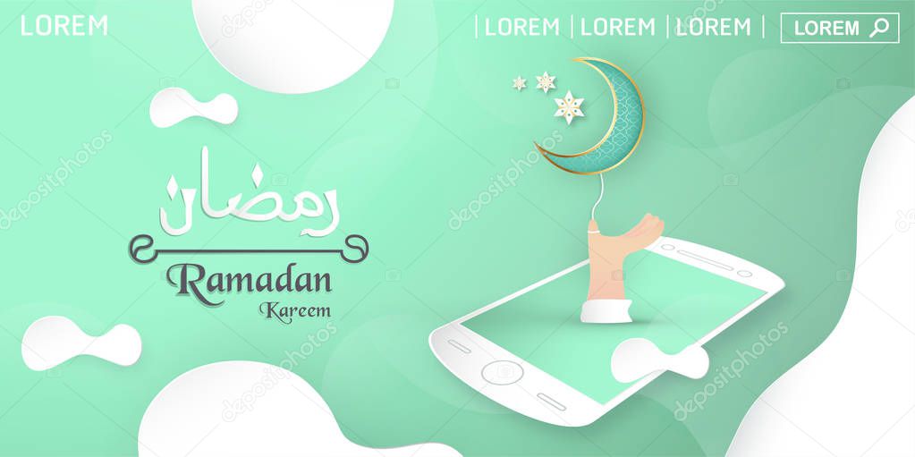 Template for Ramadan Kareem with green and gold color. 3D Vector