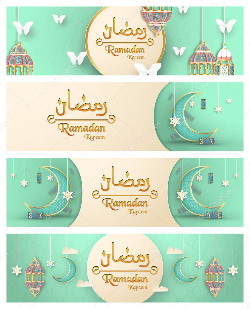 Template for Ramadan Kareem with green and gold color. 3D Vector