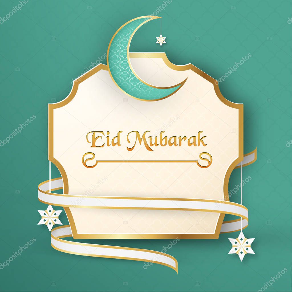 Template for Eid Mubarak with green and gold color tone. 3D Vect